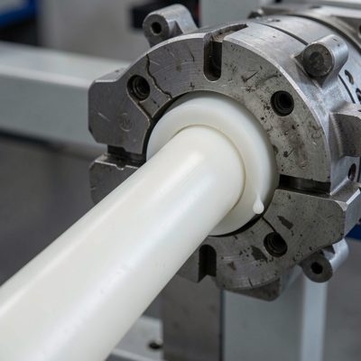a plastic extrusion emerging from a die