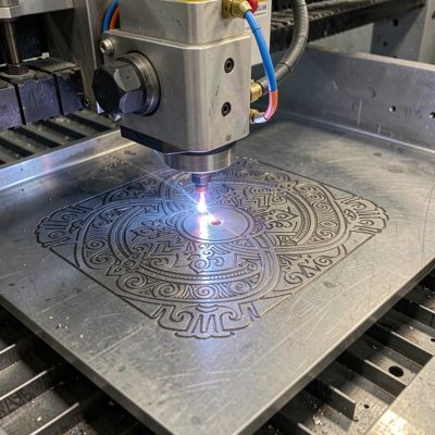 a laser cutter tracing a pattern in steel