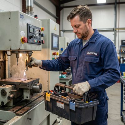 a maintenance engineer with a toolbox at a machine