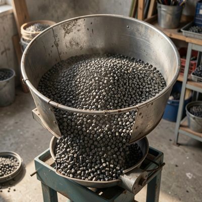 a hopper being filled with plastic pellets