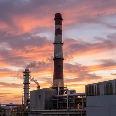 a factory chimney against an evening sky