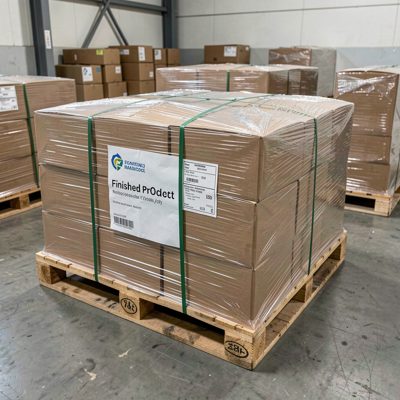 a pallet of finished product wrapped and labelled