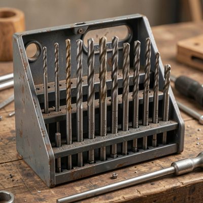 a set of drill bits in a rack
