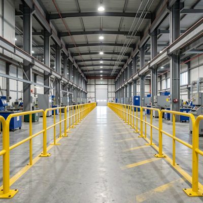 a factory aisle with yellow safety barriers