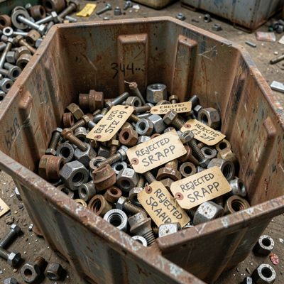 a bin of rejected parts marked for scrap