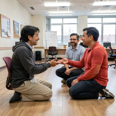 a shift handover conversation on the floor