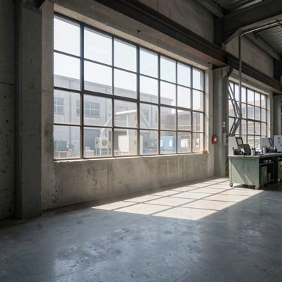 a factory window with light across the floor
