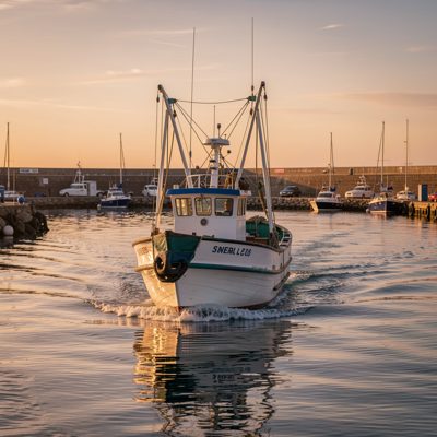 a fishing boat returning to harbour at dawn