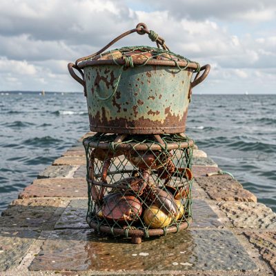 a lobster pot stacked on a stone pier