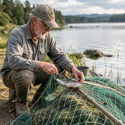 a fisherman mending a net by hand