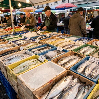 crates of iced fish at a market