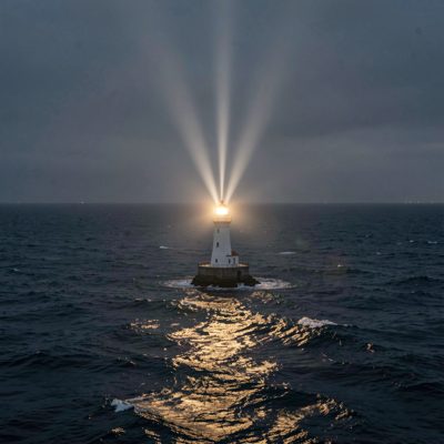a lighthouse beam over a dark sea