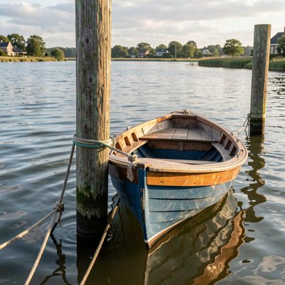 a small boat moored to a wooden post