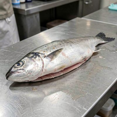 a fish being filleted on a stainless bench