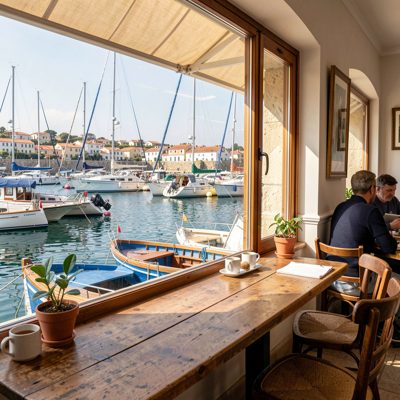 a harbour cafe with boats beyond the window