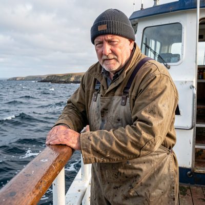 a fisherman in oilskins at the rail