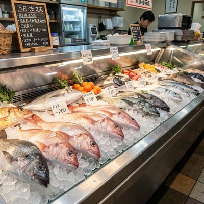 a fish counter with ice and whole fish