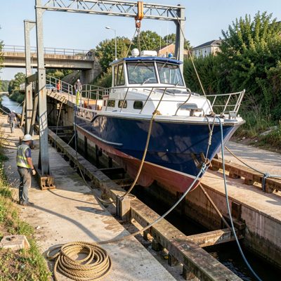 a slipway with a boat being winched up