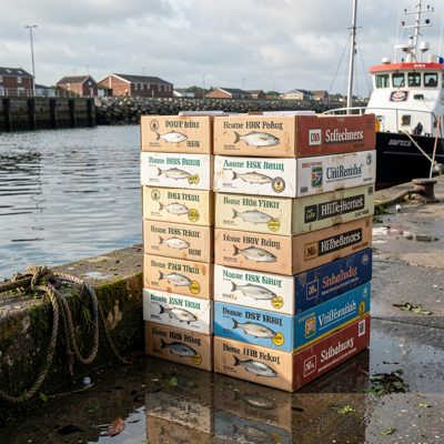 a stack of fish boxes on a wet quay