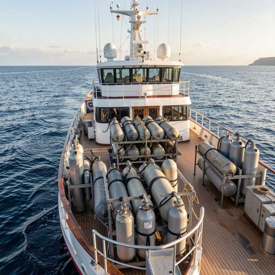 a diving boat with tanks racked on deck
