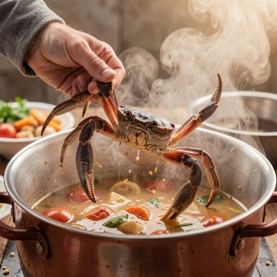 a crab being lifted from a pot