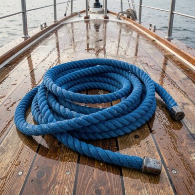 a wet deck with a coil of blue rope