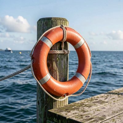 a lifebuoy mounted on a pier post