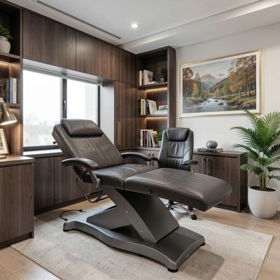 a gp consulting room with an examination couch