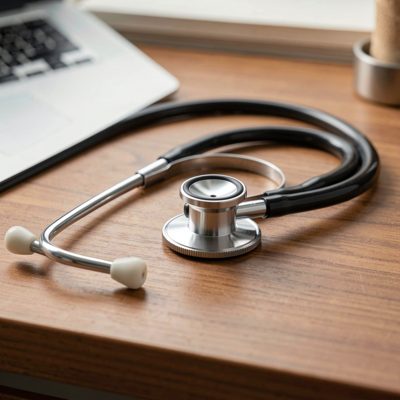 a stethoscope resting on a desk