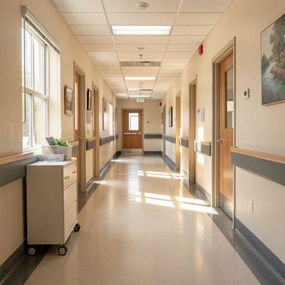 a hospital corridor with light through windows