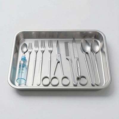 a tray of sterile instruments laid out