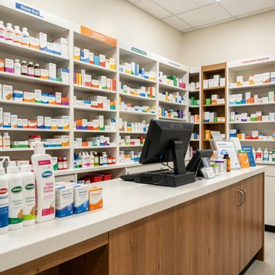 a pharmacy dispensing counter with shelves behind