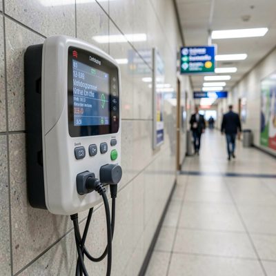 a defibrillator mounted in a public corridor