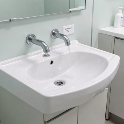 a clinical hand wash sink with elbow taps