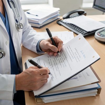 a doctor writing notes in a paper file