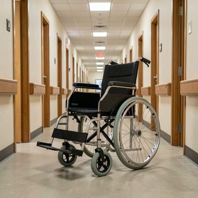 a wheelchair parked in a corridor