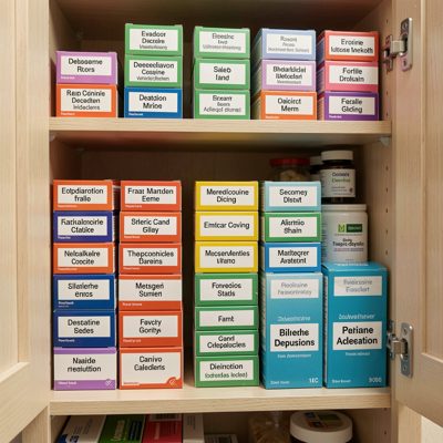 a medicine cabinet with labelled boxes