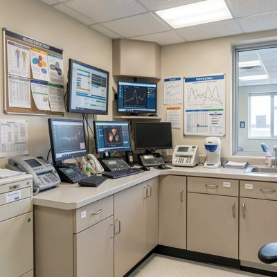 a nurse station with monitors and charts