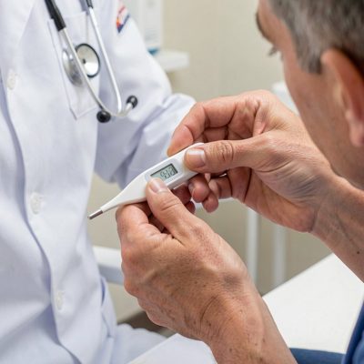 a thermometer being read by a clinician