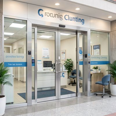 a clinic entrance with automatic doors