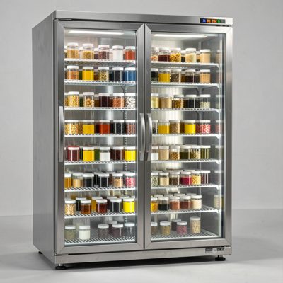 a specimen fridge with racks of samples