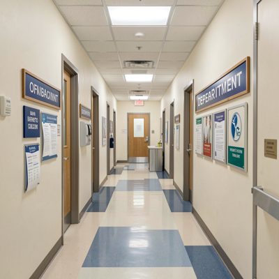 a clinic corridor with department signs