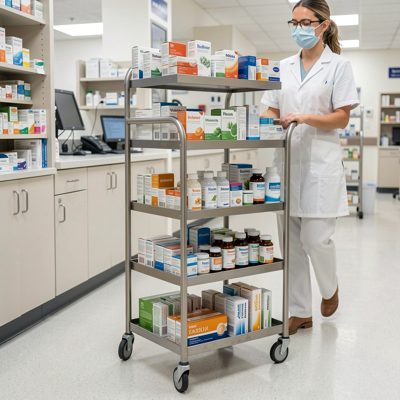 a hospital pharmacy trolley being pushed