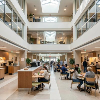 a hospital atrium with a cafe below