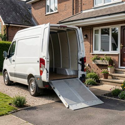 a removal van with the ramp down outside a house