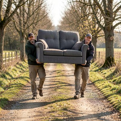 two movers carrying a sofa down a path