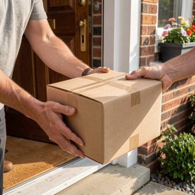 a parcel being handed over at a doorstep