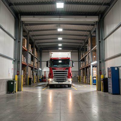a warehouse loading bay with a lorry backed in