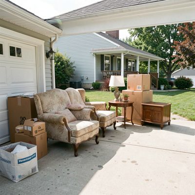 a moving day with furniture on a driveway