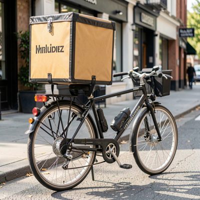 a courier bike with a delivery box on the back